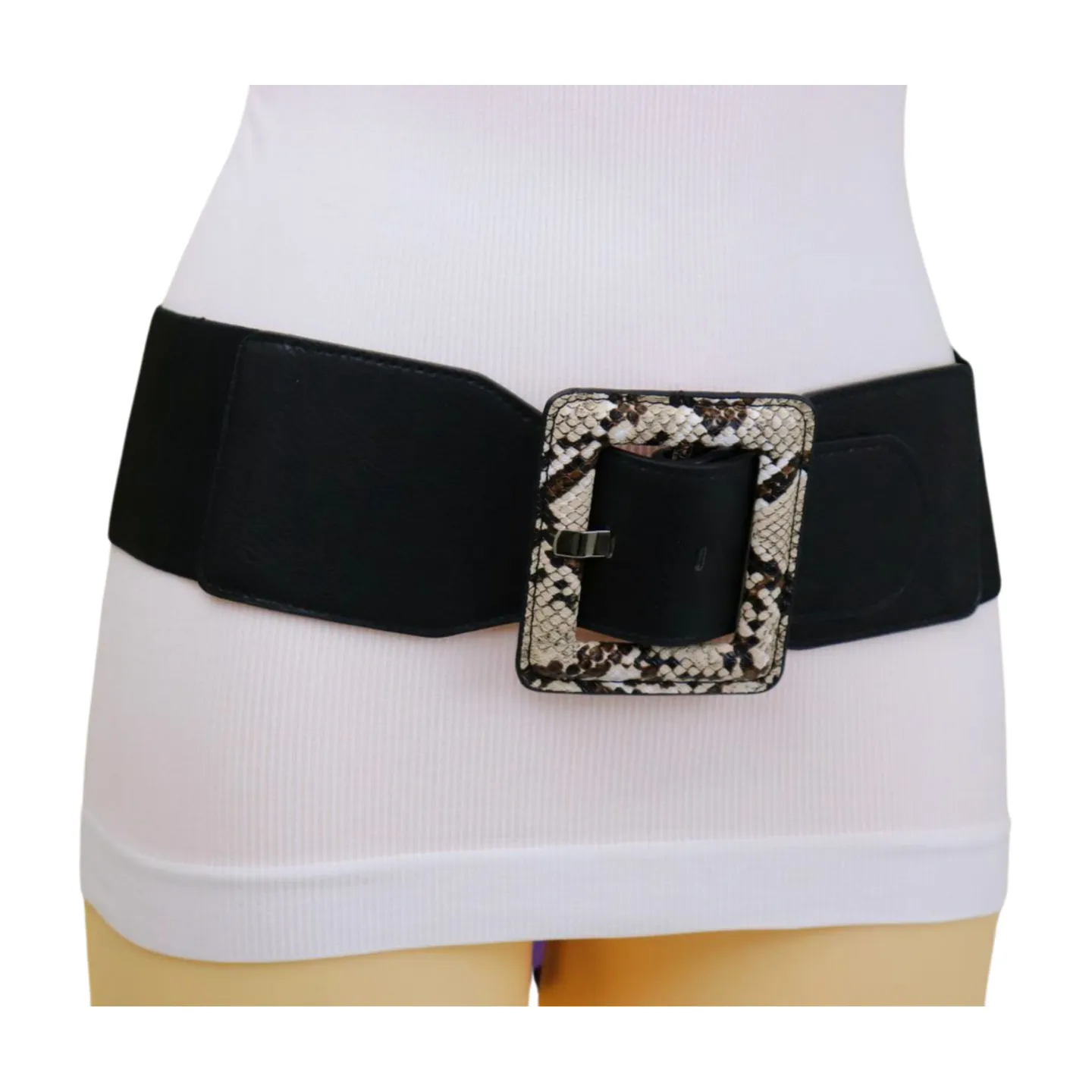 Women Black Elastic Belt Beige Square Buckle Faux Snake Print Size S M
