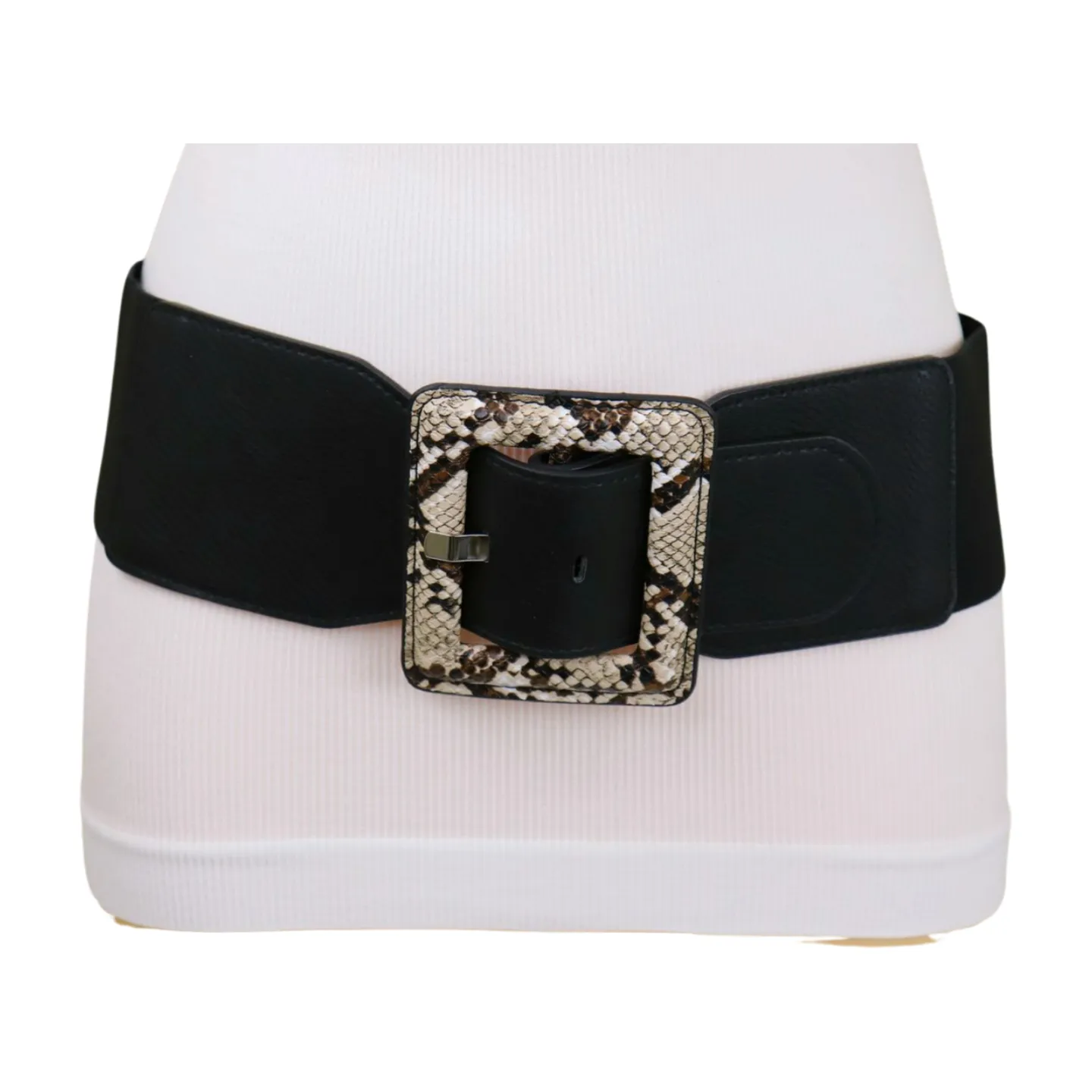 Women Black Elastic Belt Beige Square Buckle Faux Snake Print Size S M