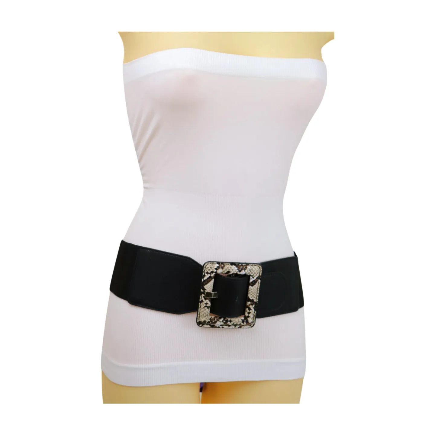 Women Black Elastic Belt Beige Square Buckle Faux Snake Print Size S M