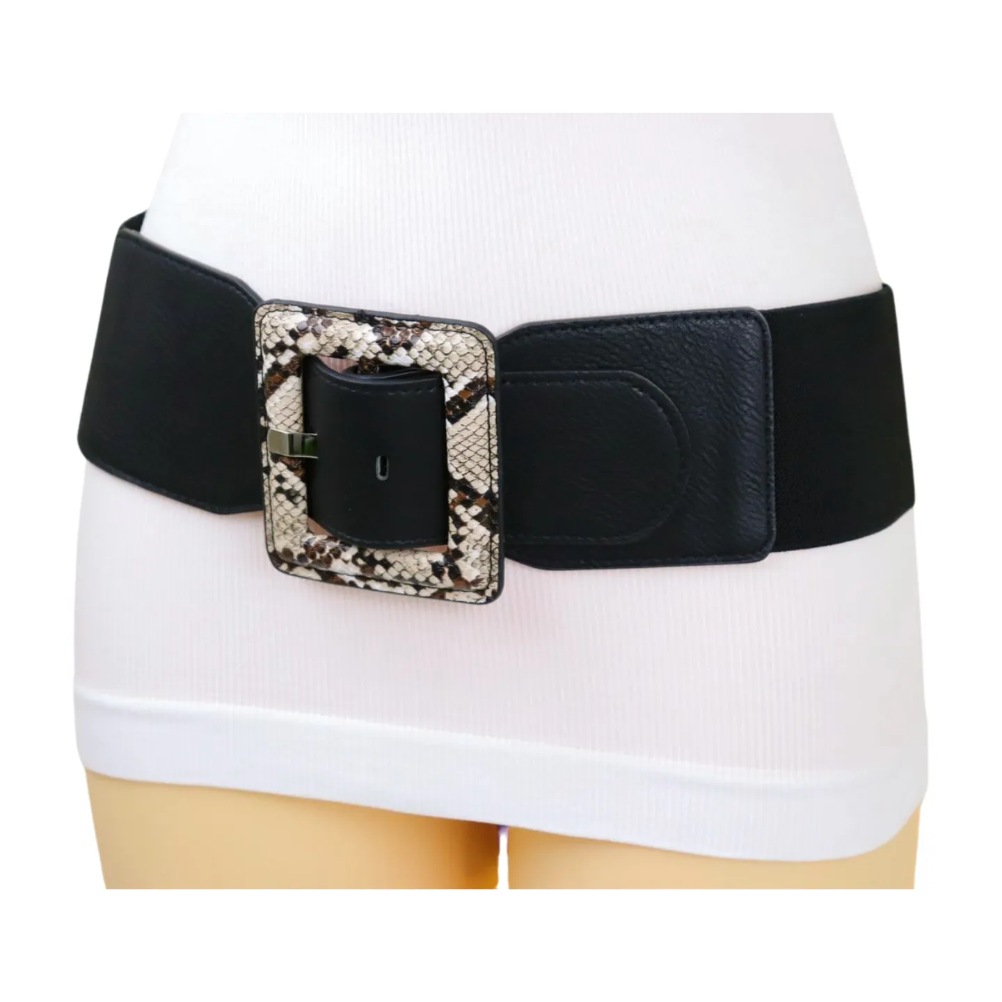 Women Black Elastic Belt Beige Square Buckle Faux Snake Print Size S M