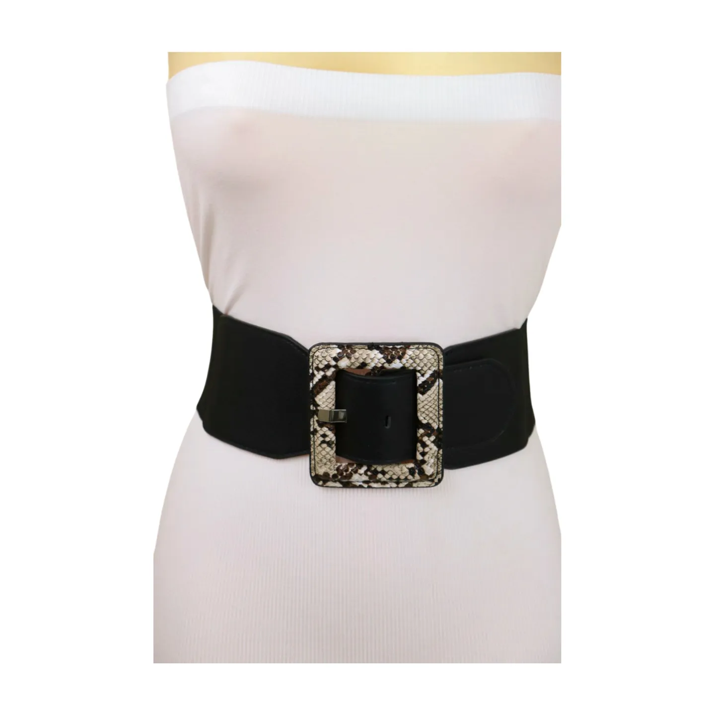 Women Black Elastic Belt Beige Square Buckle Faux Snake Print Size S M