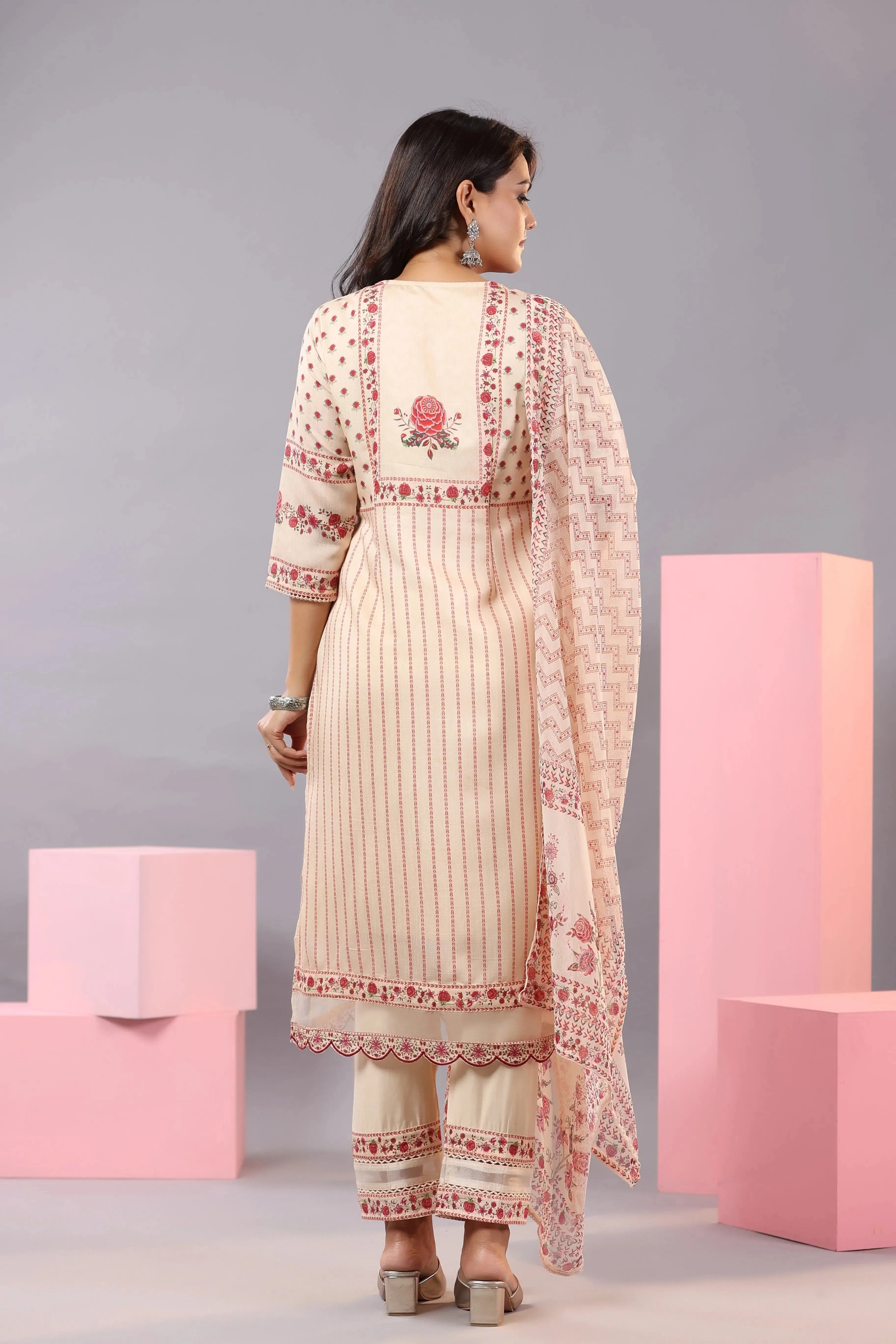 Women Ecru Muslin Floral Printed Kurta, Pants and Dupatta Set
