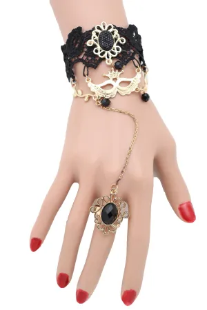 Women Gold Metal Hand Chain Black Flower Lace Bracelet Mask Masquerade Connected Ring