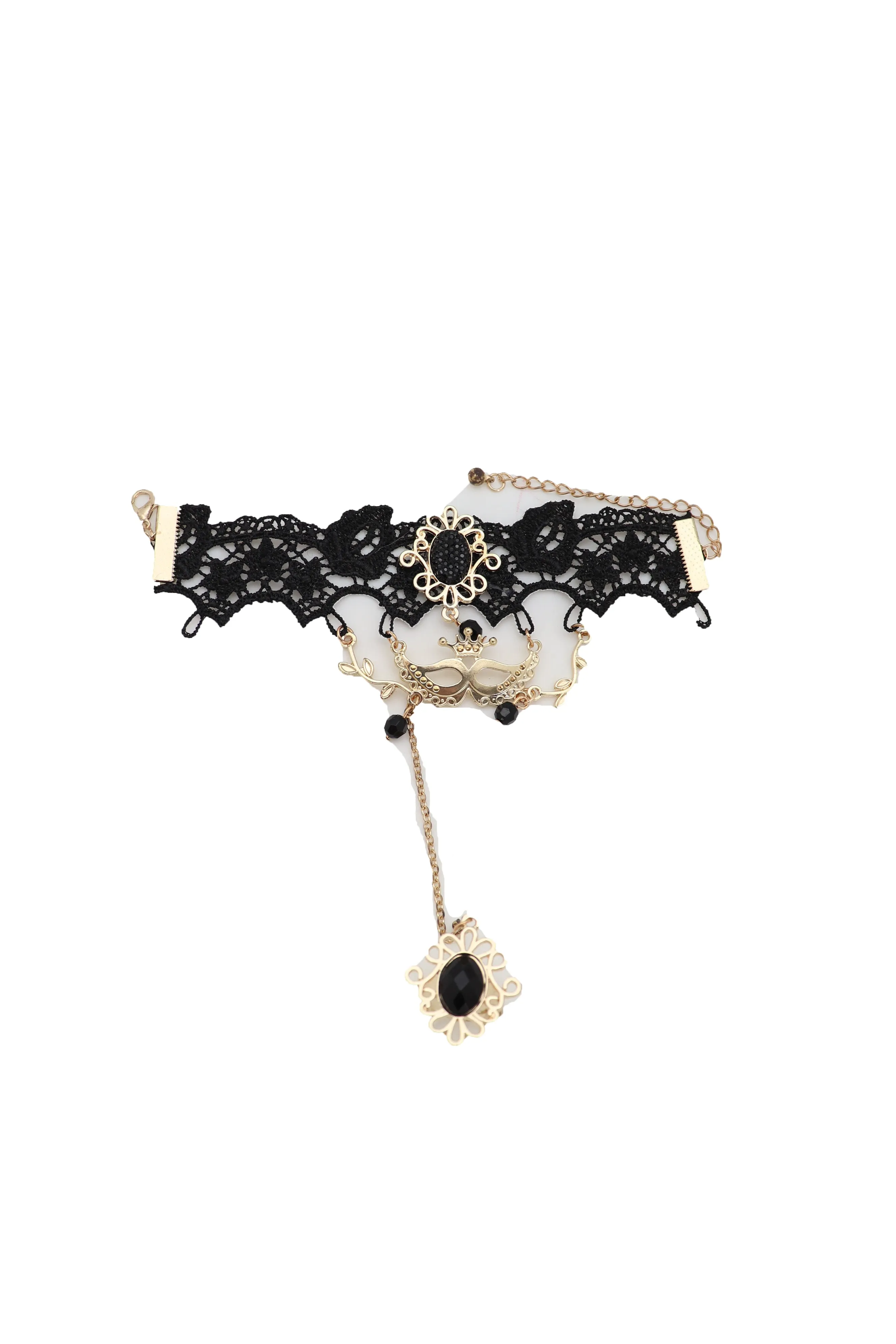 Women Gold Metal Hand Chain Black Flower Lace Bracelet Mask Masquerade Connected Ring
