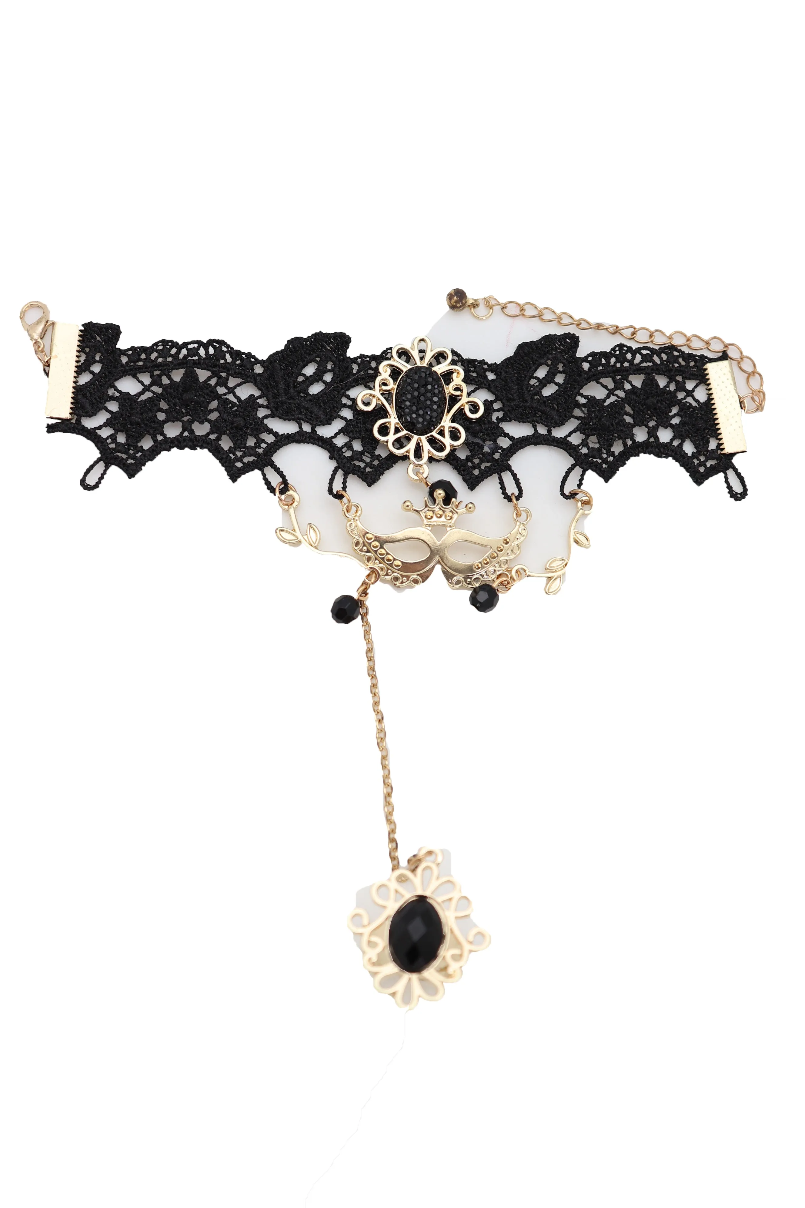 Women Gold Metal Hand Chain Black Flower Lace Bracelet Mask Masquerade Connected Ring