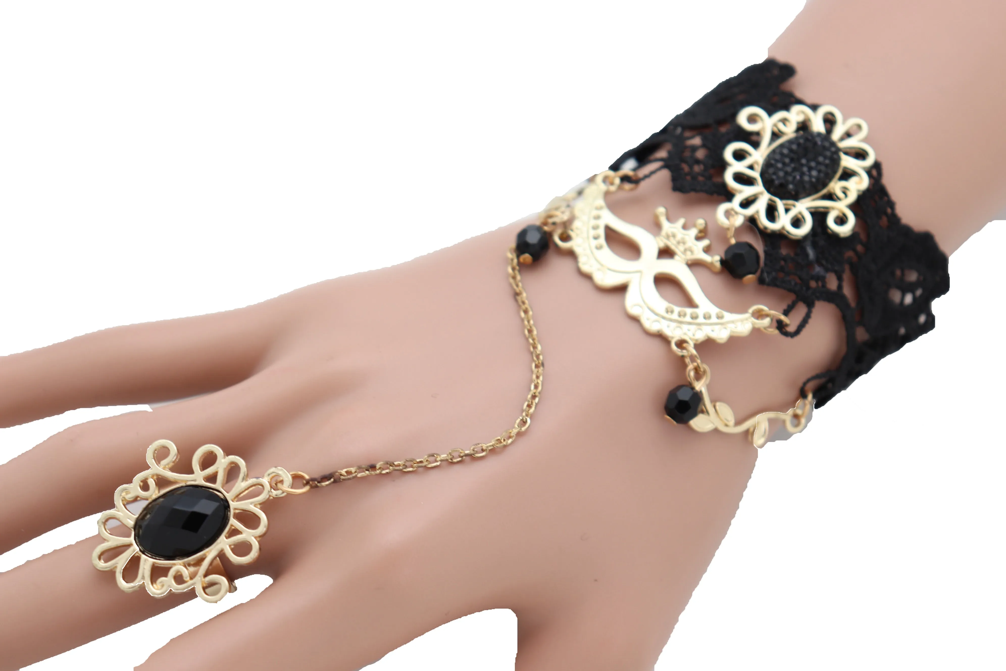 Women Gold Metal Hand Chain Black Flower Lace Bracelet Mask Masquerade Connected Ring