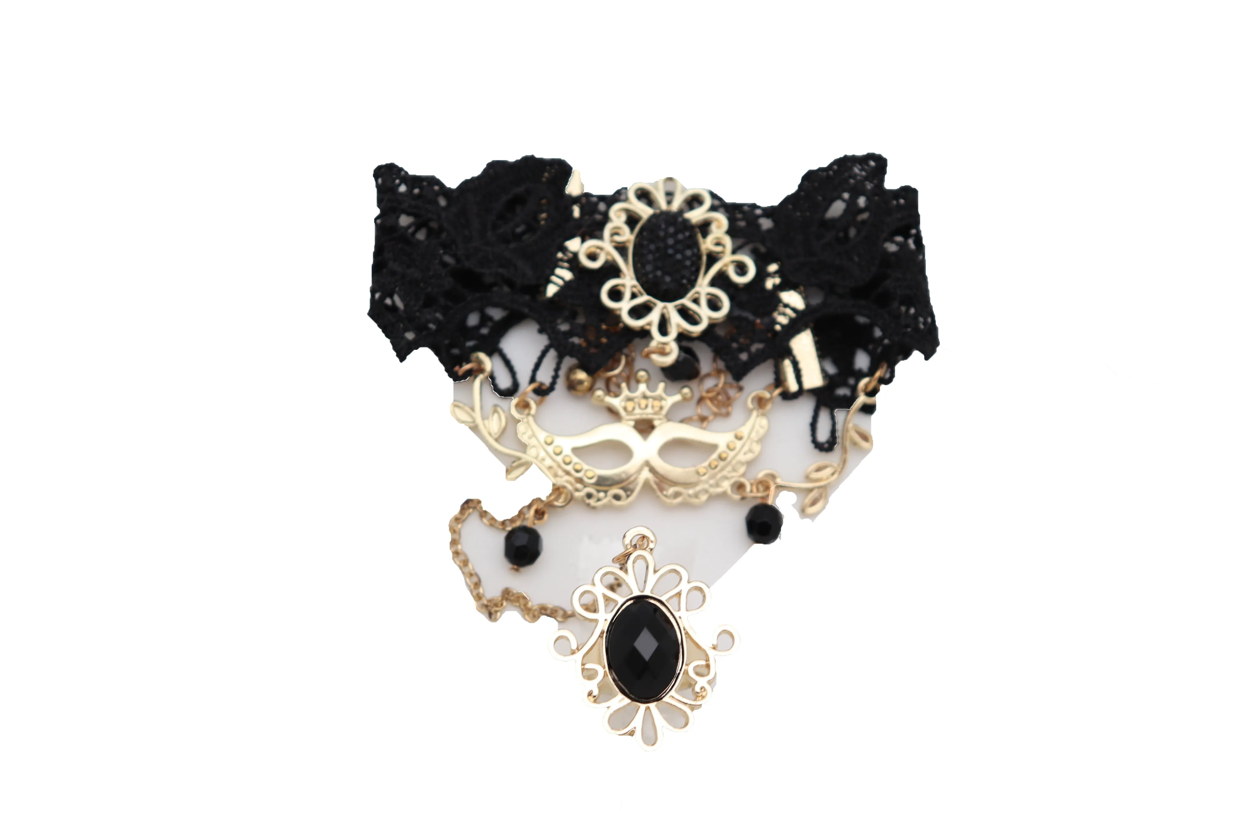 Women Gold Metal Hand Chain Black Flower Lace Bracelet Mask Masquerade Connected Ring