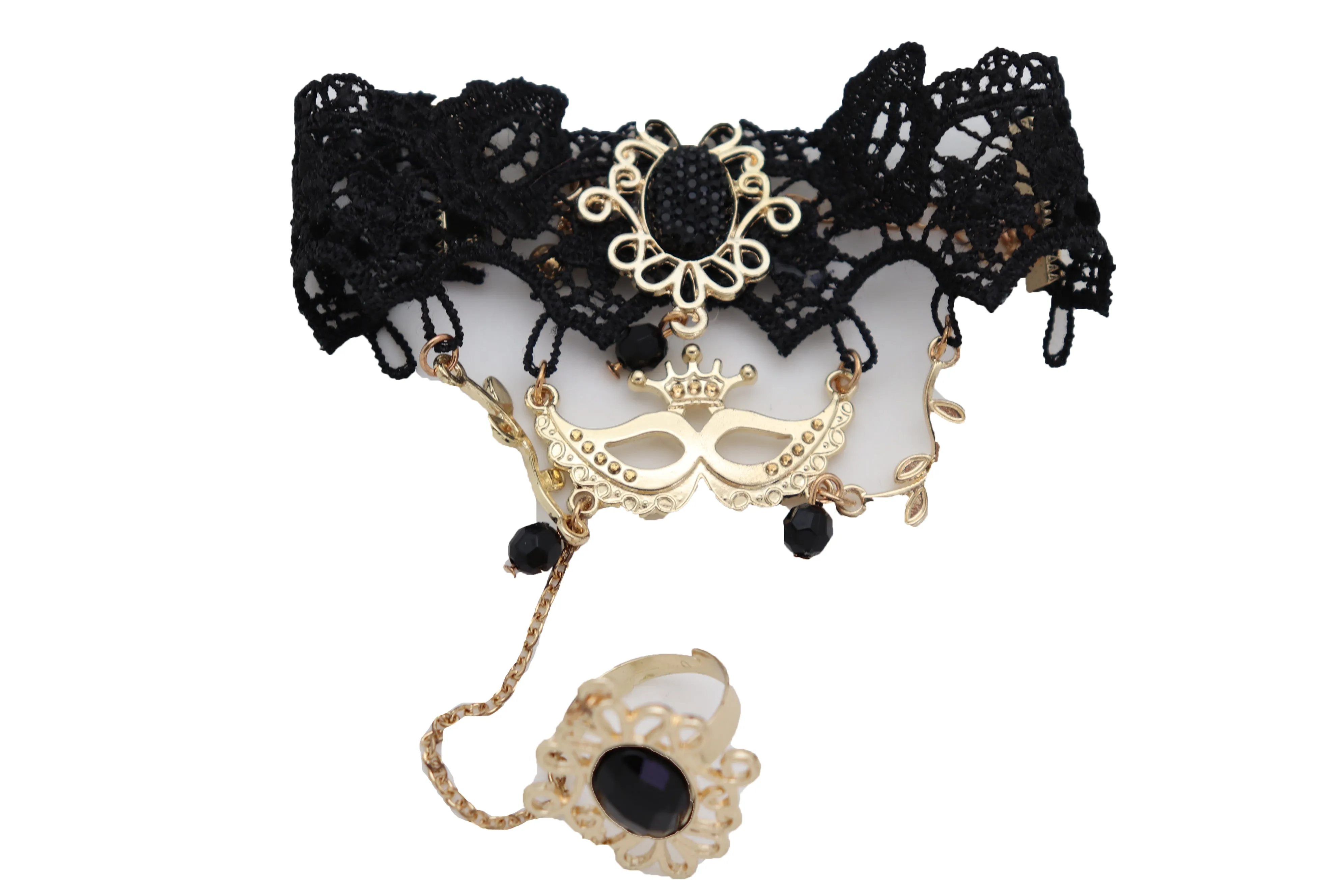 Women Gold Metal Hand Chain Black Flower Lace Bracelet Mask Masquerade Connected Ring