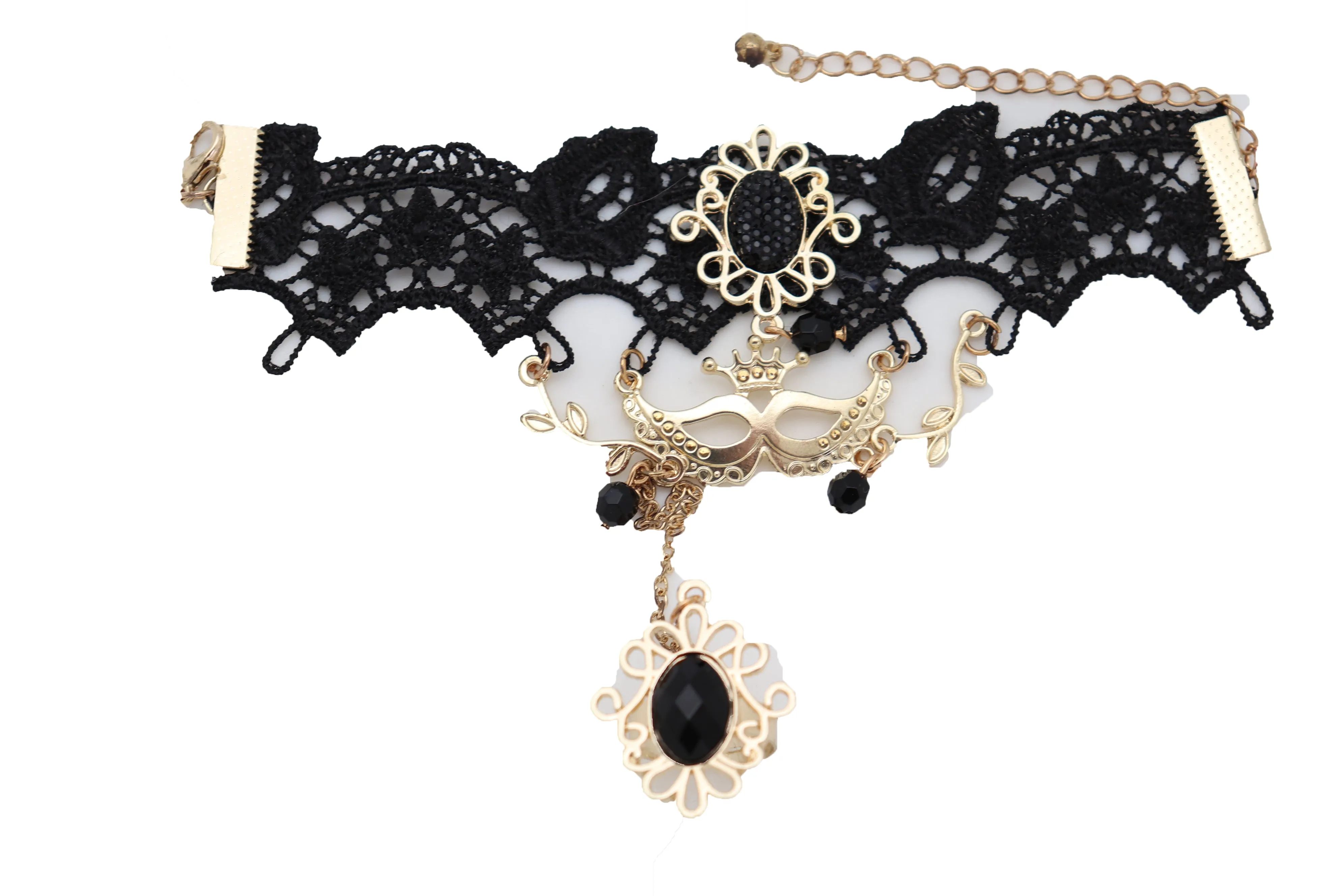 Women Gold Metal Hand Chain Black Flower Lace Bracelet Mask Masquerade Connected Ring