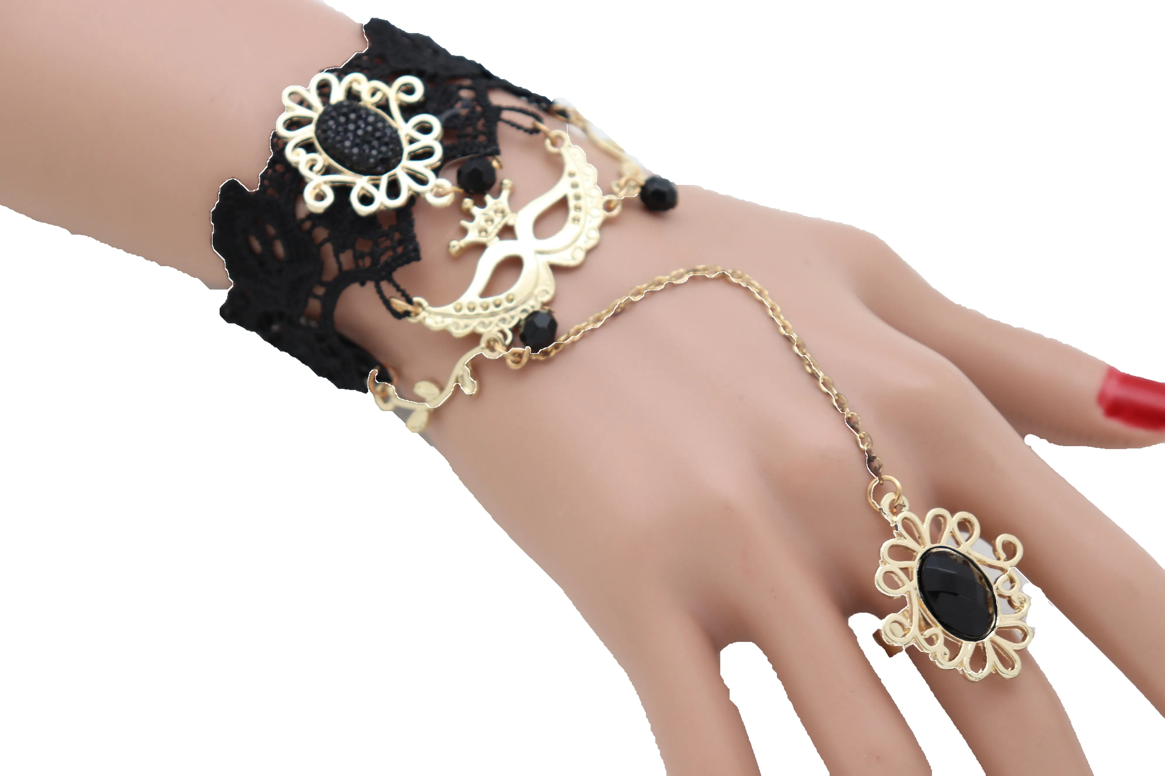 Women Gold Metal Hand Chain Black Flower Lace Bracelet Mask Masquerade Connected Ring