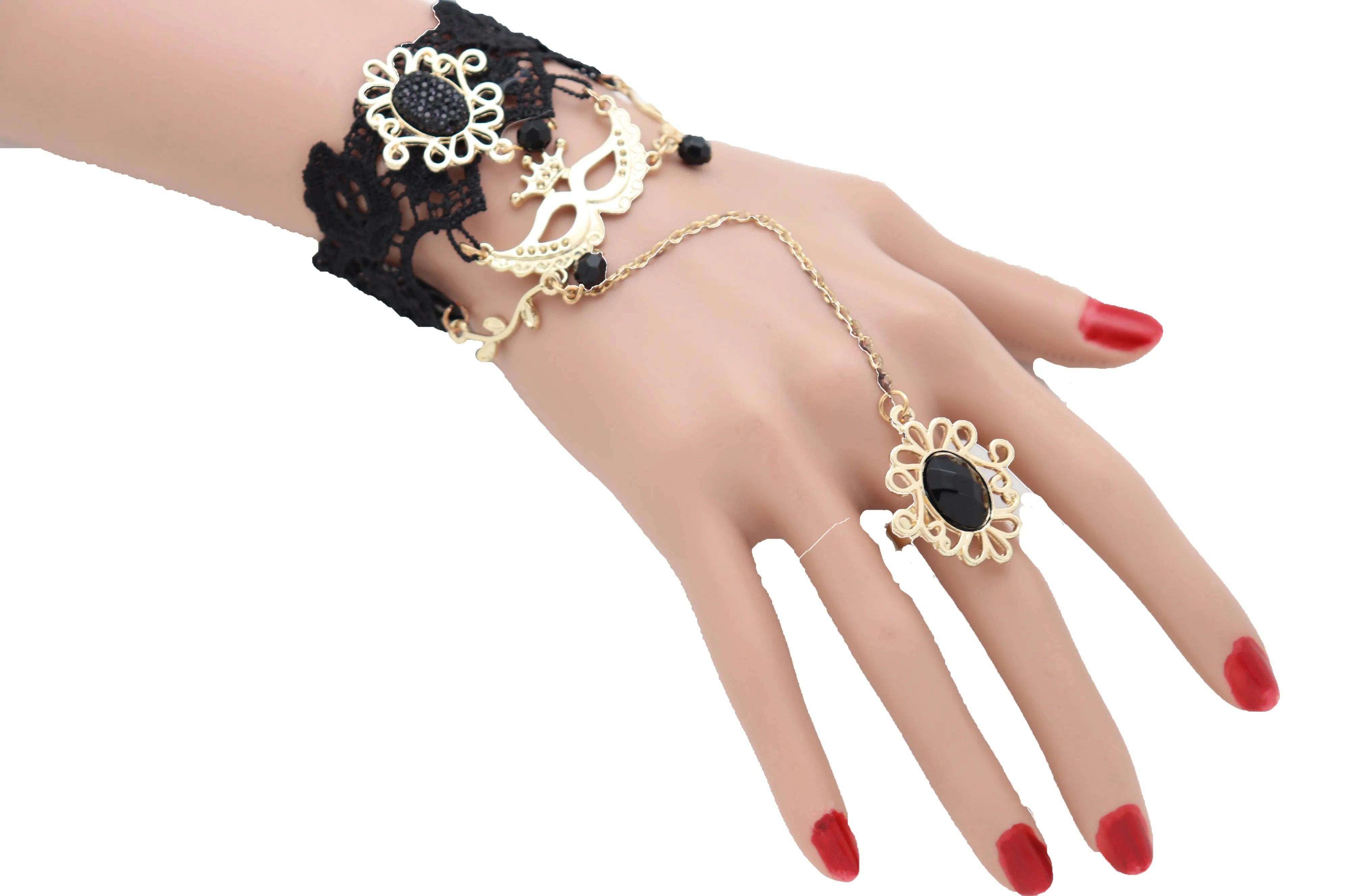 Women Gold Metal Hand Chain Black Flower Lace Bracelet Mask Masquerade Connected Ring