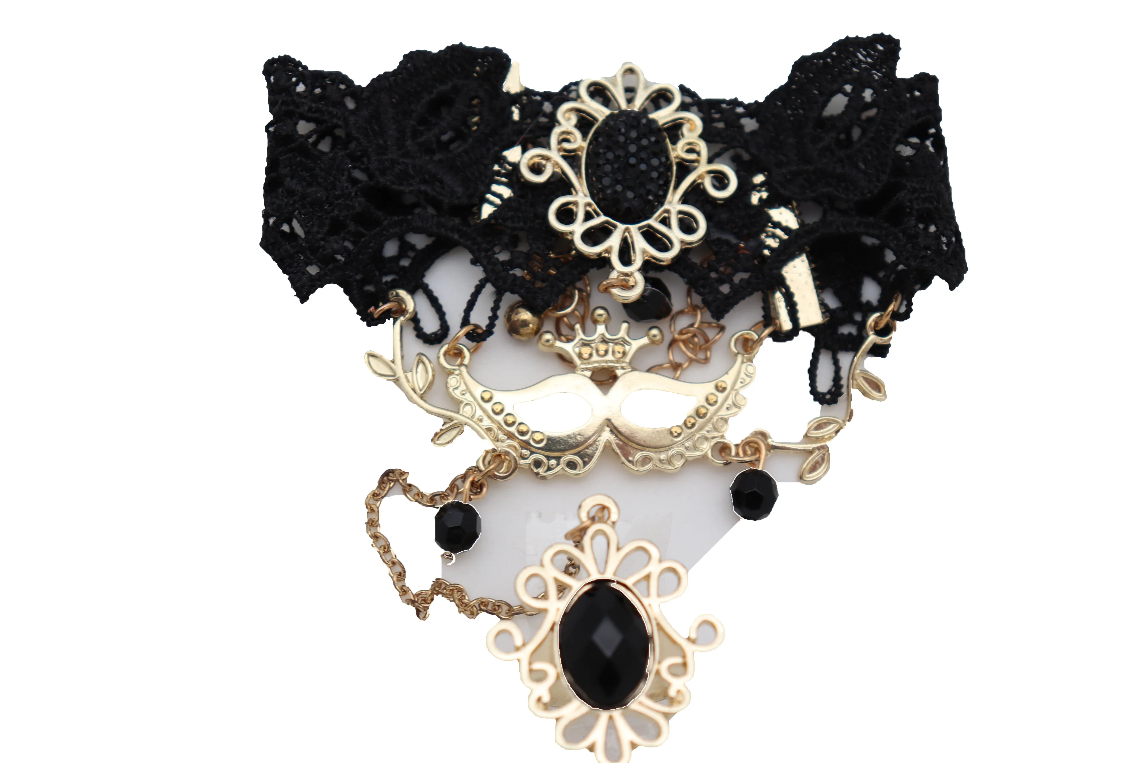 Women Gold Metal Hand Chain Black Flower Lace Bracelet Mask Masquerade Connected Ring