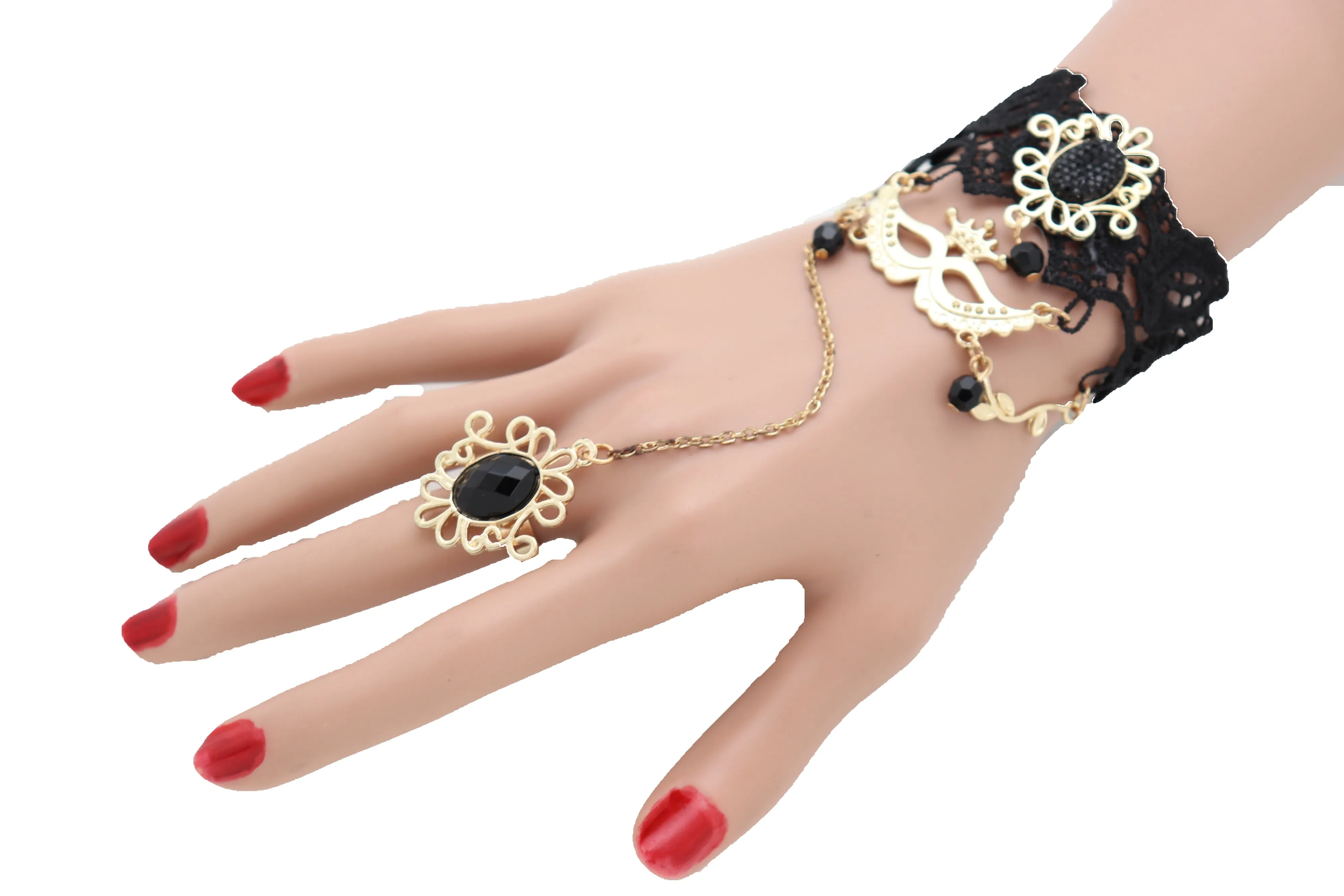 Women Gold Metal Hand Chain Black Flower Lace Bracelet Mask Masquerade Connected Ring