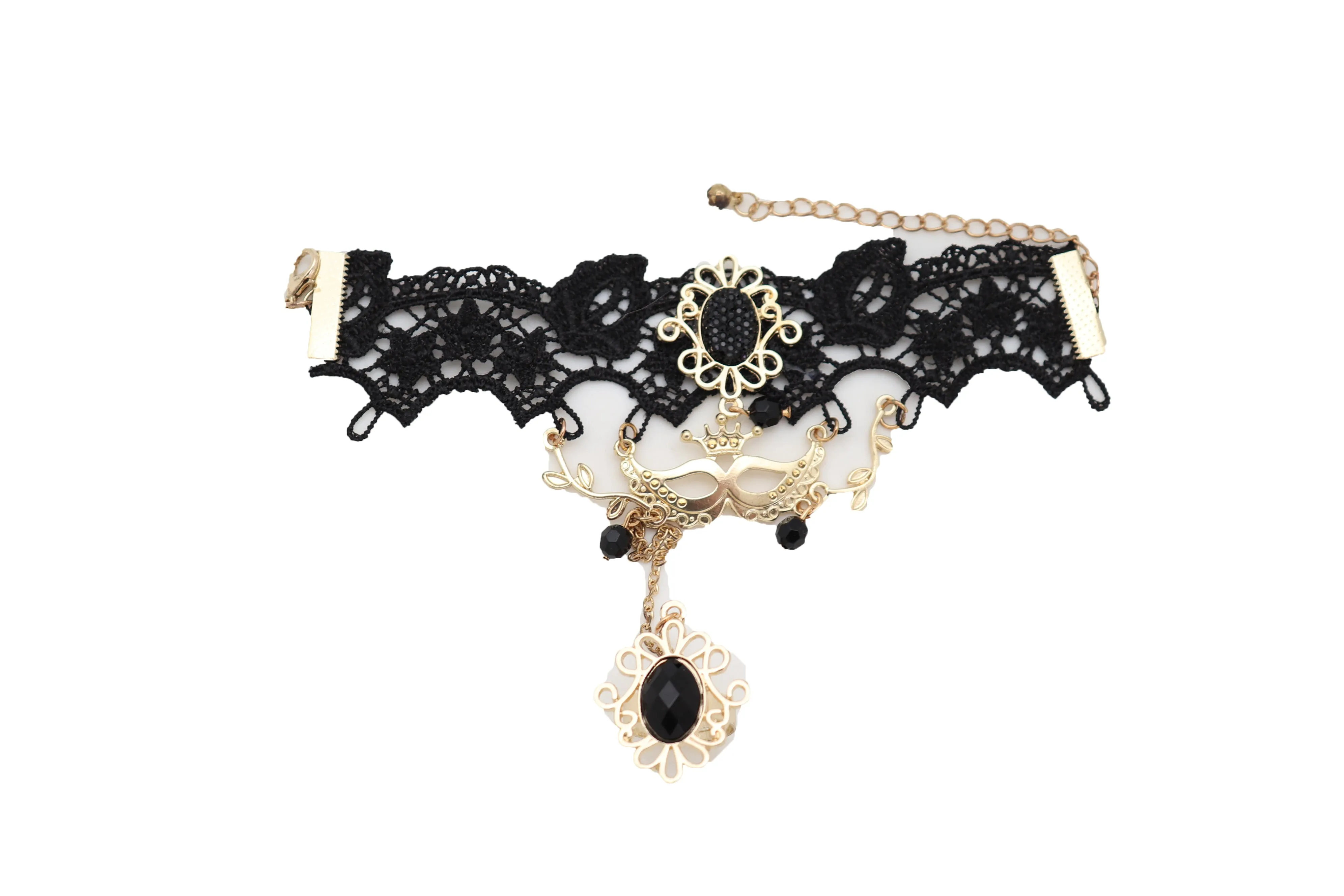 Women Gold Metal Hand Chain Black Flower Lace Bracelet Mask Masquerade Connected Ring