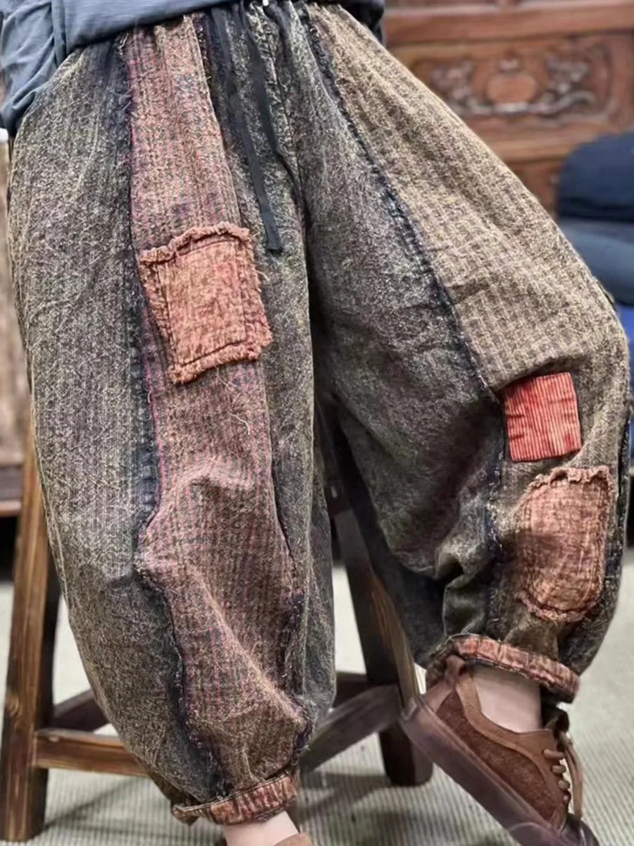 Women Spring Retro Spliced Frayed Harem Pants