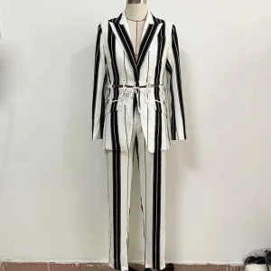 Women's Black and White Striped Pants Suit