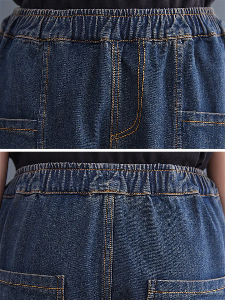 Women's Blue Patchwork Elastic Waist Loose Jeans