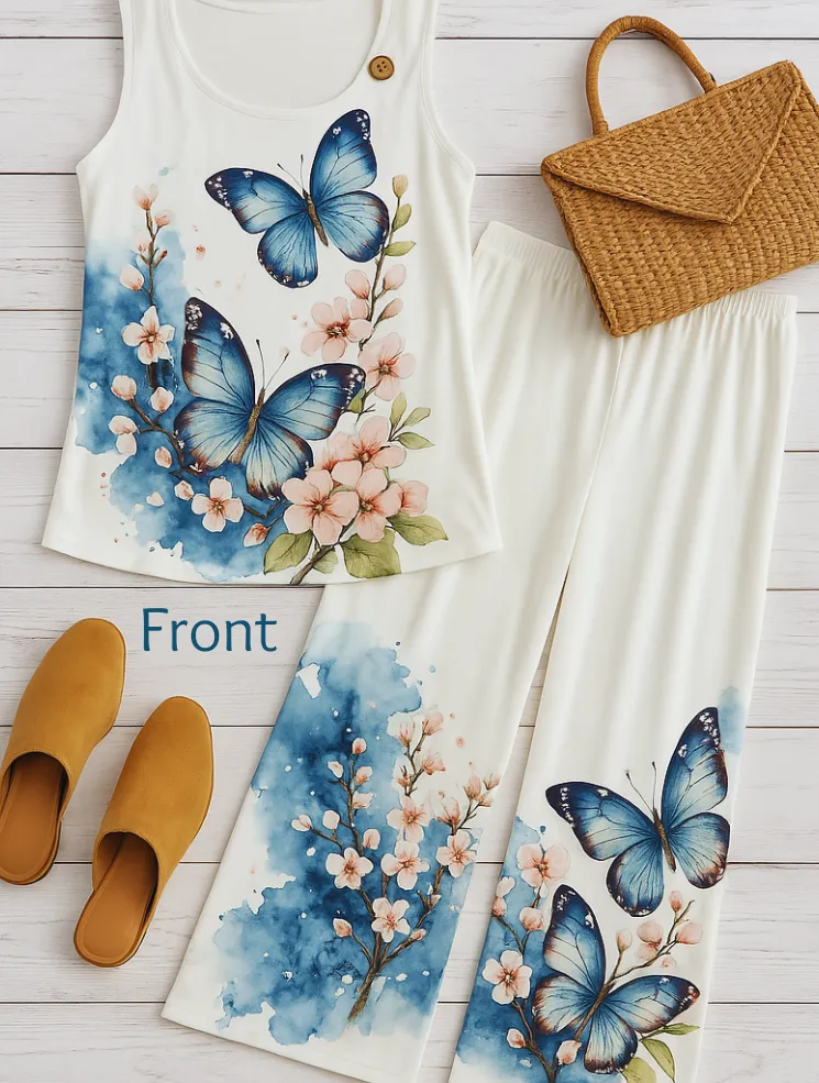 Women's Butterfly Printed Sleeveless Summer Pant Set