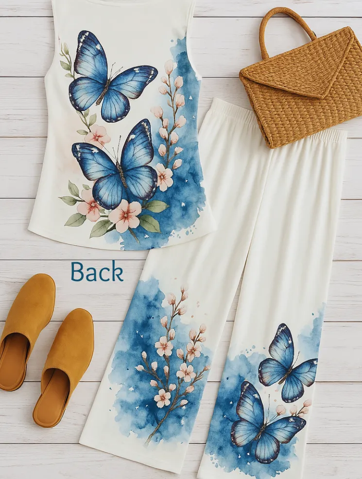 Women's Butterfly Printed Sleeveless Summer Pant Set