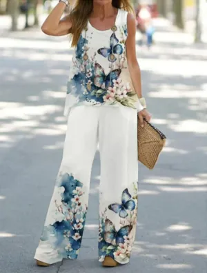 Women's Butterfly Printed Sleeveless Summer Pant Set