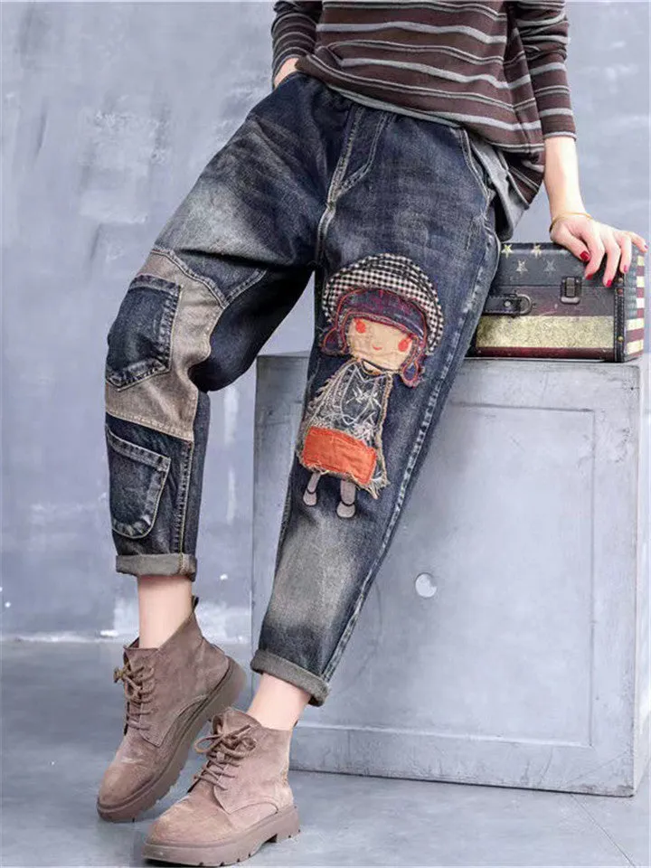 Women's Fashion Loose Elastic Waist Cartoon Jeans