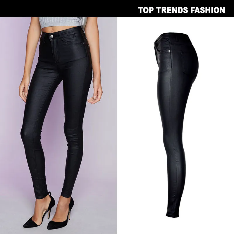 Women's High Waist Slim Faux Leather Pants Jeans