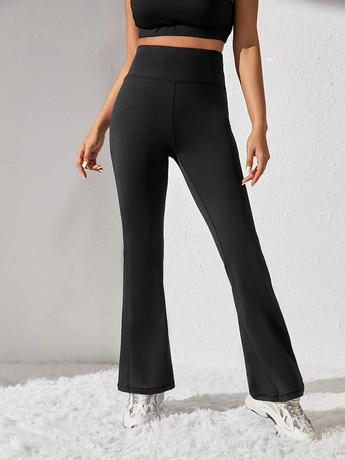 xieyinshe  Solid Color Flared Yoga Pants, High Stretch Sports Running Bell Bottom Pants, Women's Activewear