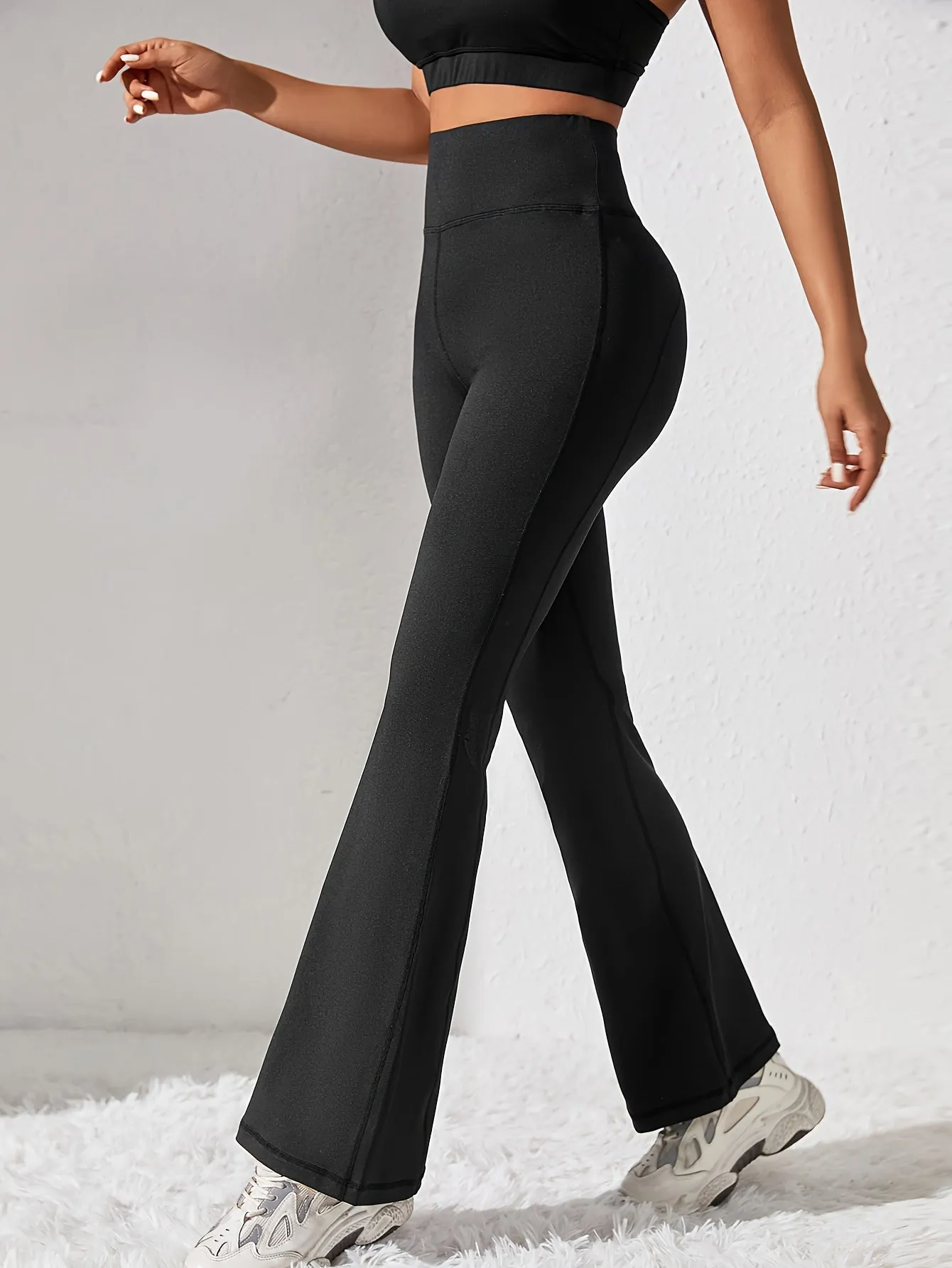 xieyinshe  Solid Color Flared Yoga Pants, High Stretch Sports Running Bell Bottom Pants, Women's Activewear