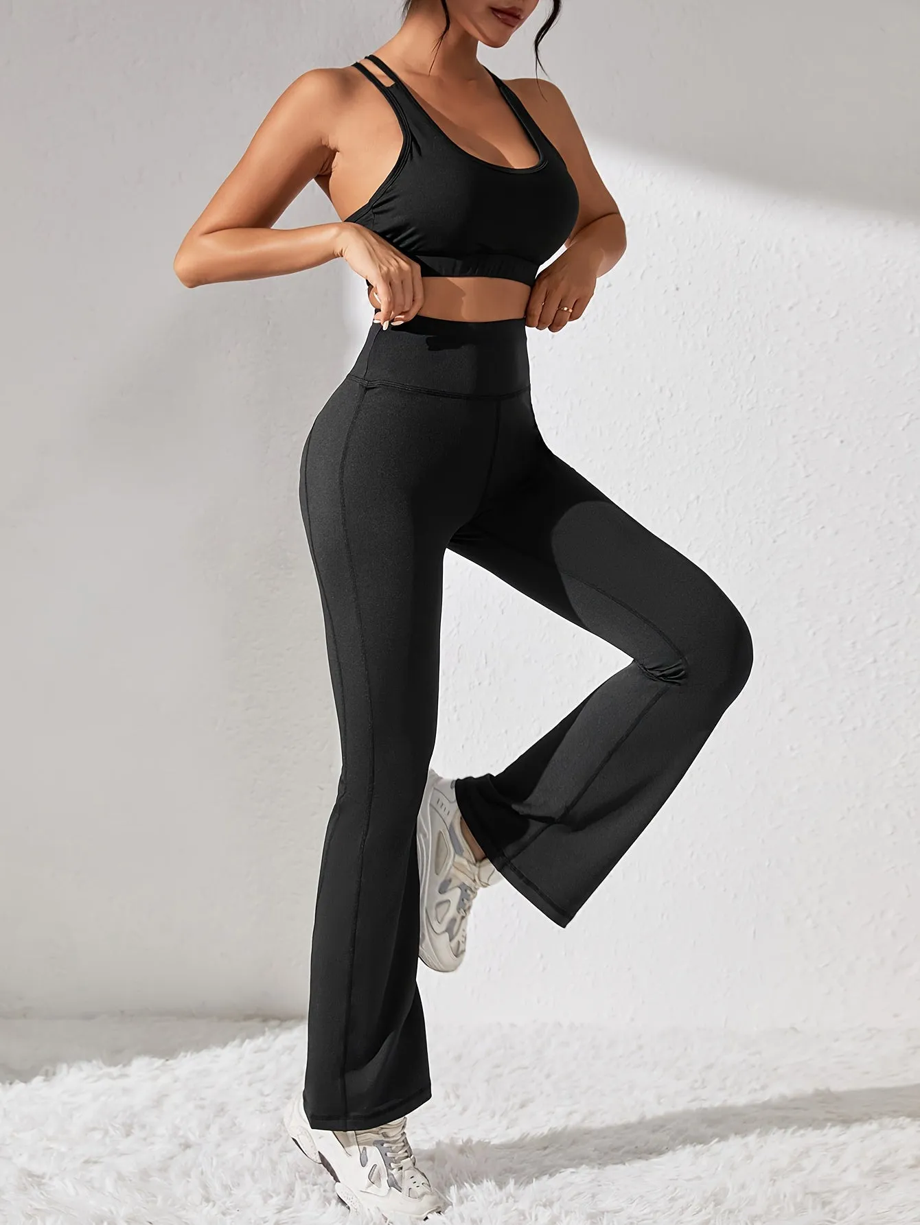 xieyinshe  Solid Color Flared Yoga Pants, High Stretch Sports Running Bell Bottom Pants, Women's Activewear
